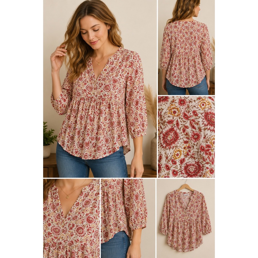 DEX Red Yellow Floral Peasant Blouse Sz M Western Boho Cottagecore Flowy Cowboy
